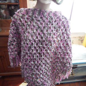 Poncho Chunky Yarn Fringed Bottom  Hand Knit Crochet Pretty Colors BiHo OS
